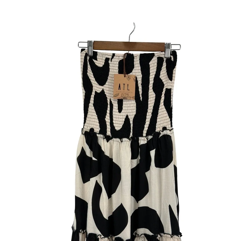 Abel The Label Black White Strapless Smocked Tiered Maxi Dress M NWT
